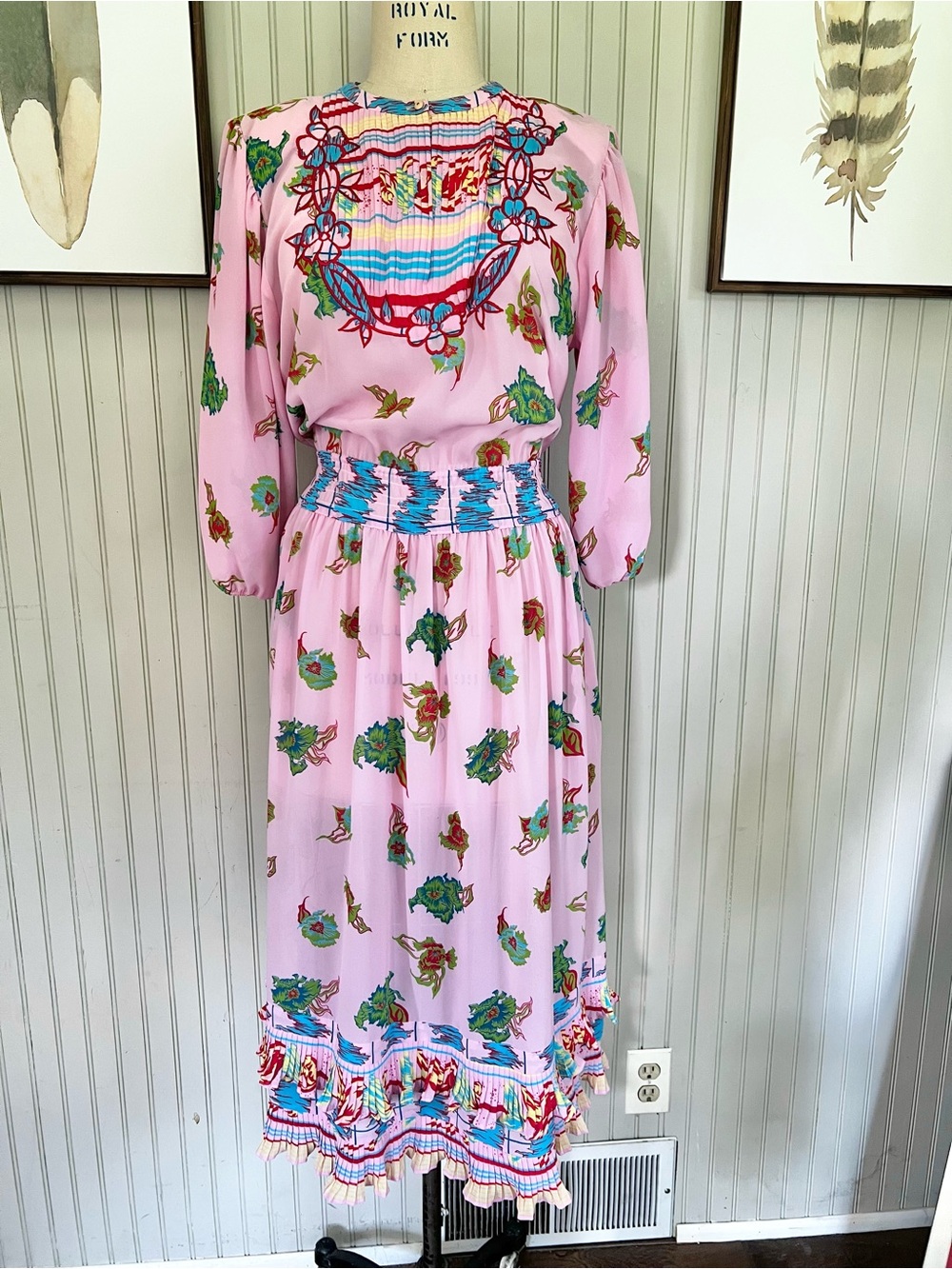 Diane Freis 80’s Georgette Pink Multi Smocked MIDI Dress